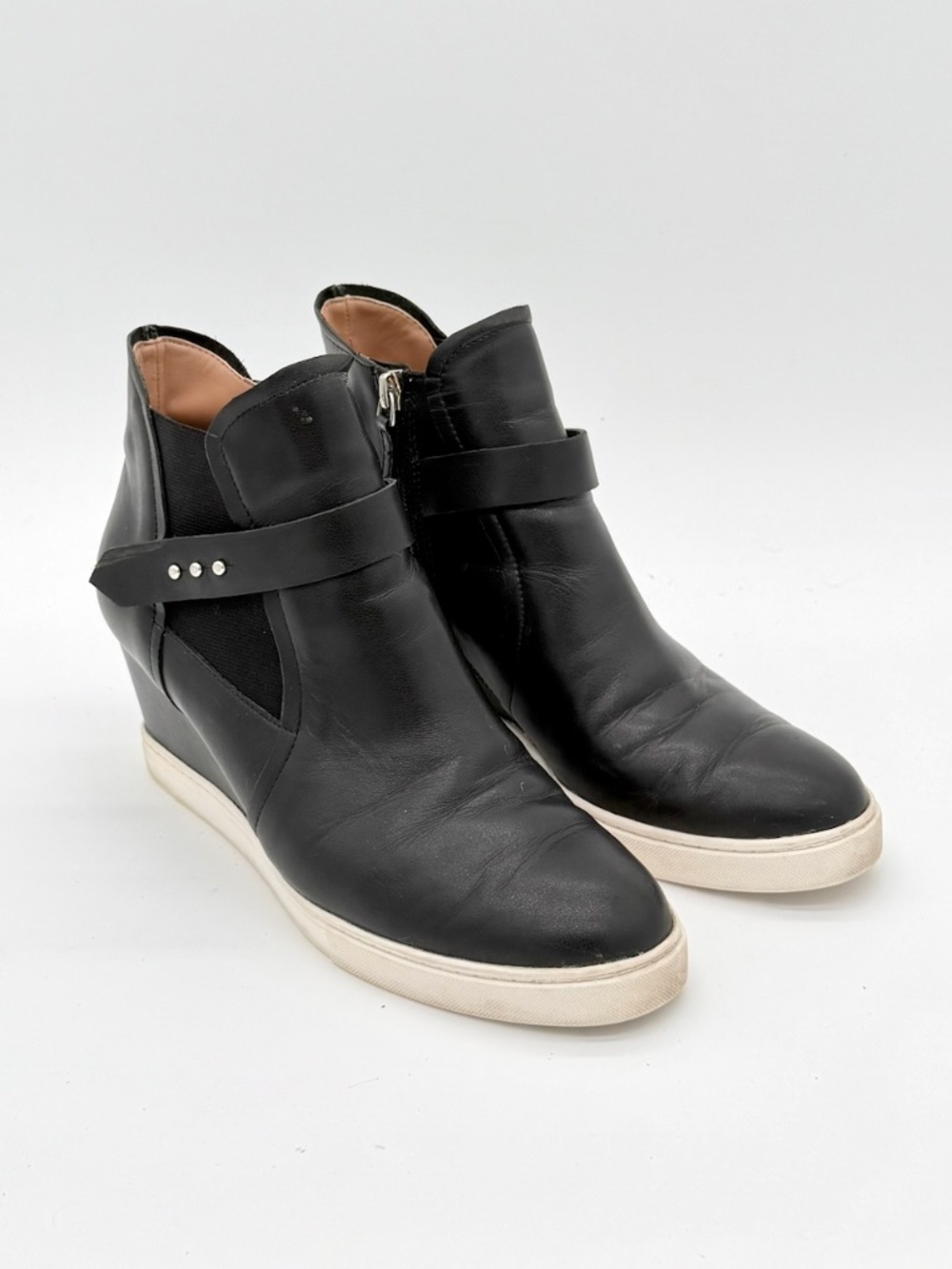 Linea Paolo Womens Black Leather Hidden Wedge Sneaker Booties Shoes Size 8 M